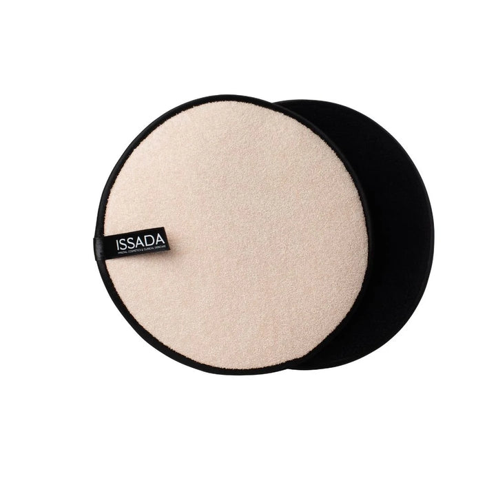 Issada exfoliating body mitt, dual-sided reusable cleansing pad in black and beige.