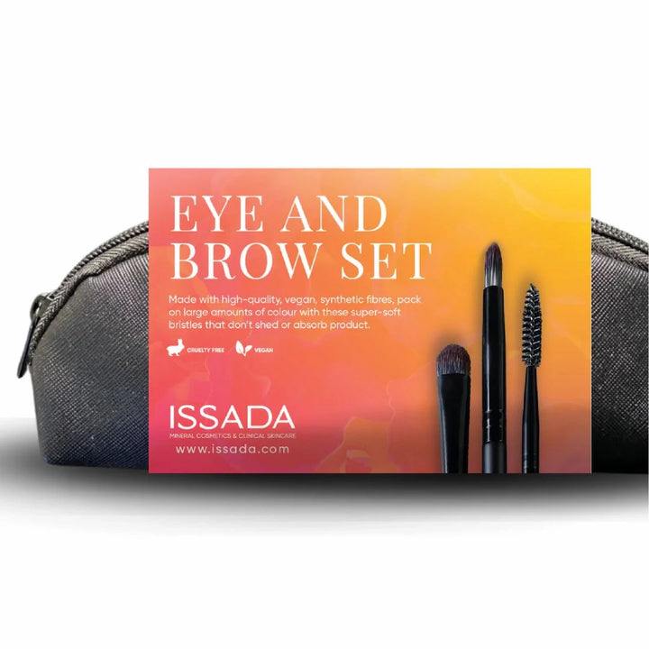 Issada professional eye and brow makeup brushes including classic shadow brush, tapered shadow, brow spoolie, soft smudge brush, and angled brush for precision application.