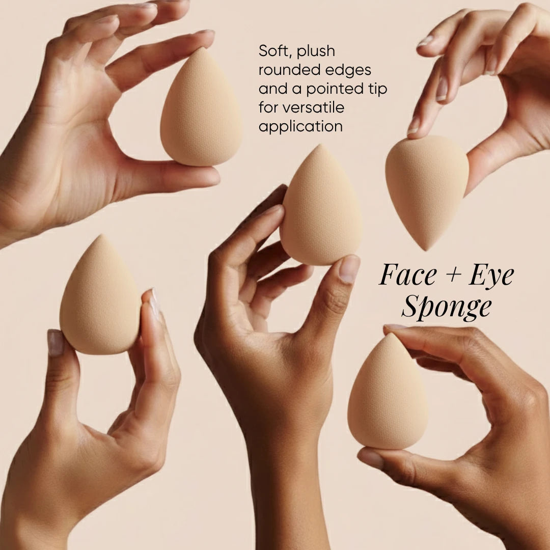 Hands displaying ISSADA latex-free Smoothing Sponges with soft rounded edges and pointed tips for face and eyes