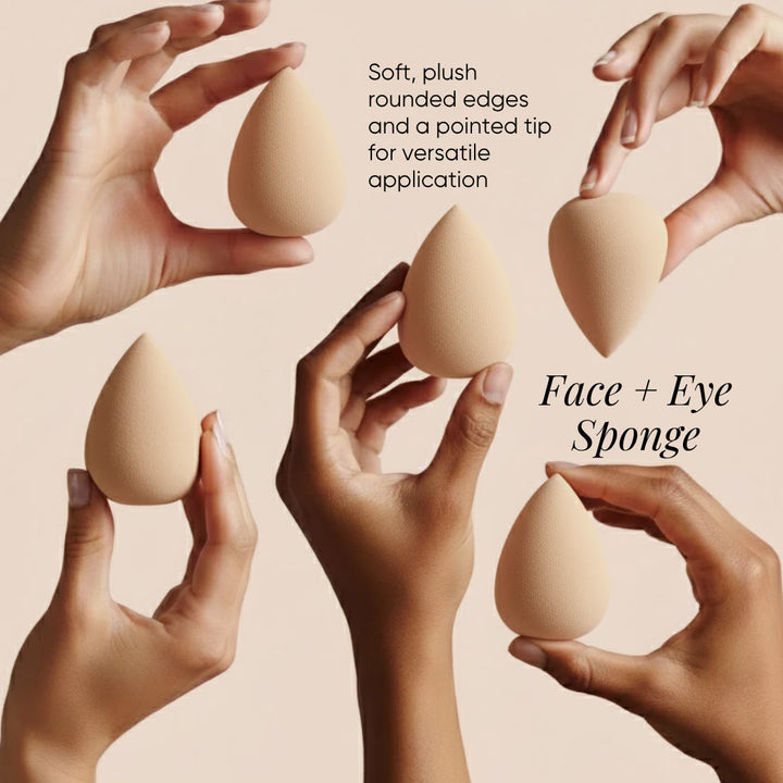Hands displaying ISSADA latex-free Smoothing Sponges with soft rounded edges and pointed tips for face and eyes