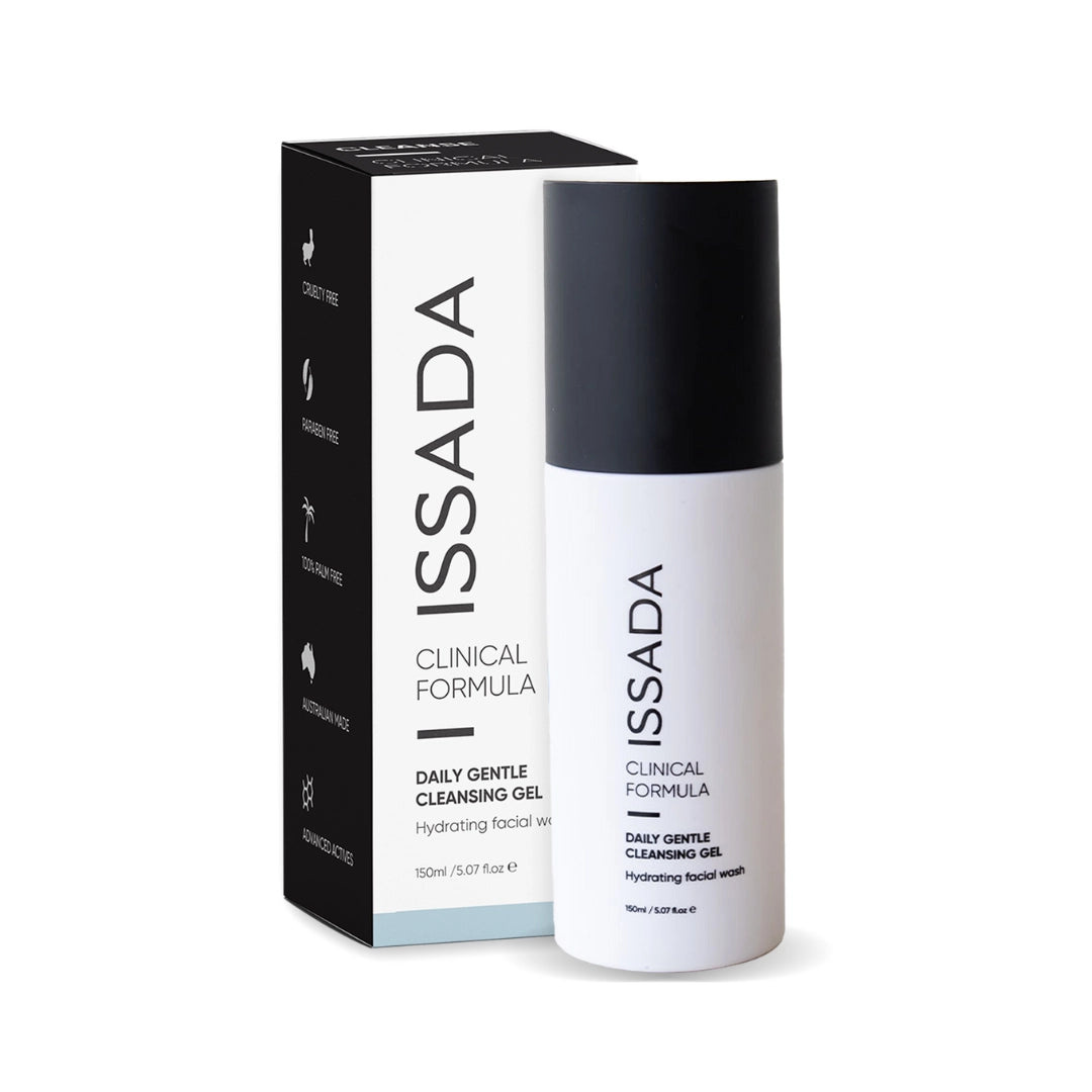 Issada Clinical Formula Daily Gentle Cleansing Gel with box — a hydrating facial wash in sleek white and black packaging.