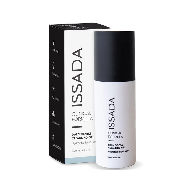 Issada Clinical Formula Daily Gentle Cleansing Gel with box — a hydrating facial wash in sleek white and black packaging.