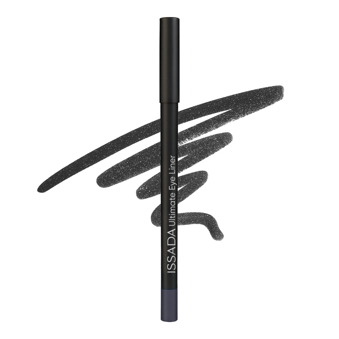 Issada Ultimate Eye Liner in Gravity, a deep black eyeliner pencil with a shimmering black swatch drawn behind it.