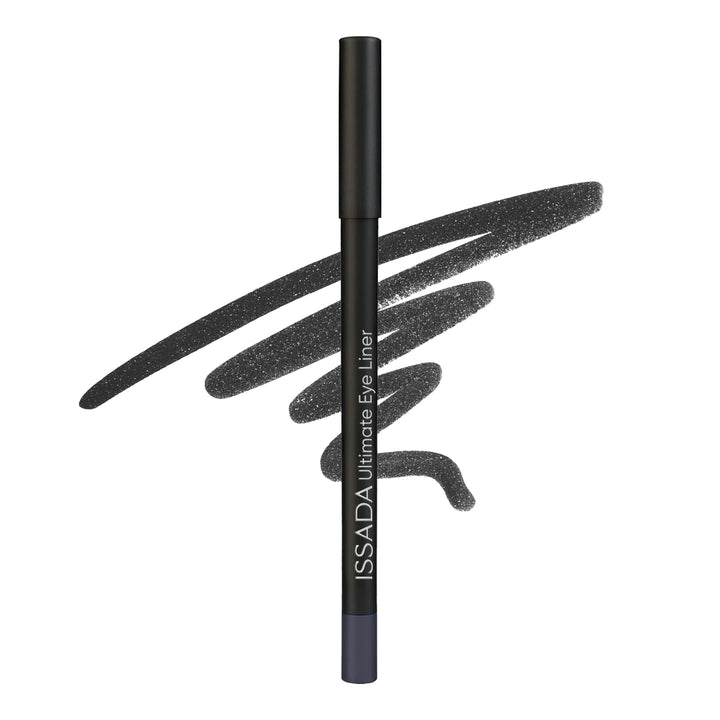 Issada Ultimate Eye Liner in Gravity, a deep black eyeliner pencil with a shimmering black swatch drawn behind it.