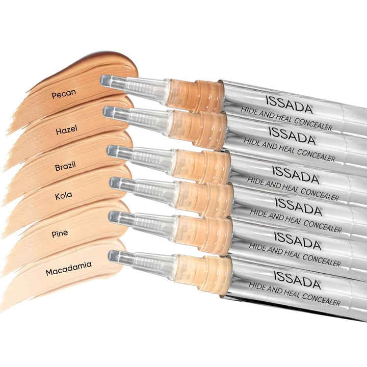 ISSADA Hide & Heal Concealer full shade range swatches – Macadamia, Pine, Kola, Brazil, Hazel, Pecan for light to deep skin tones