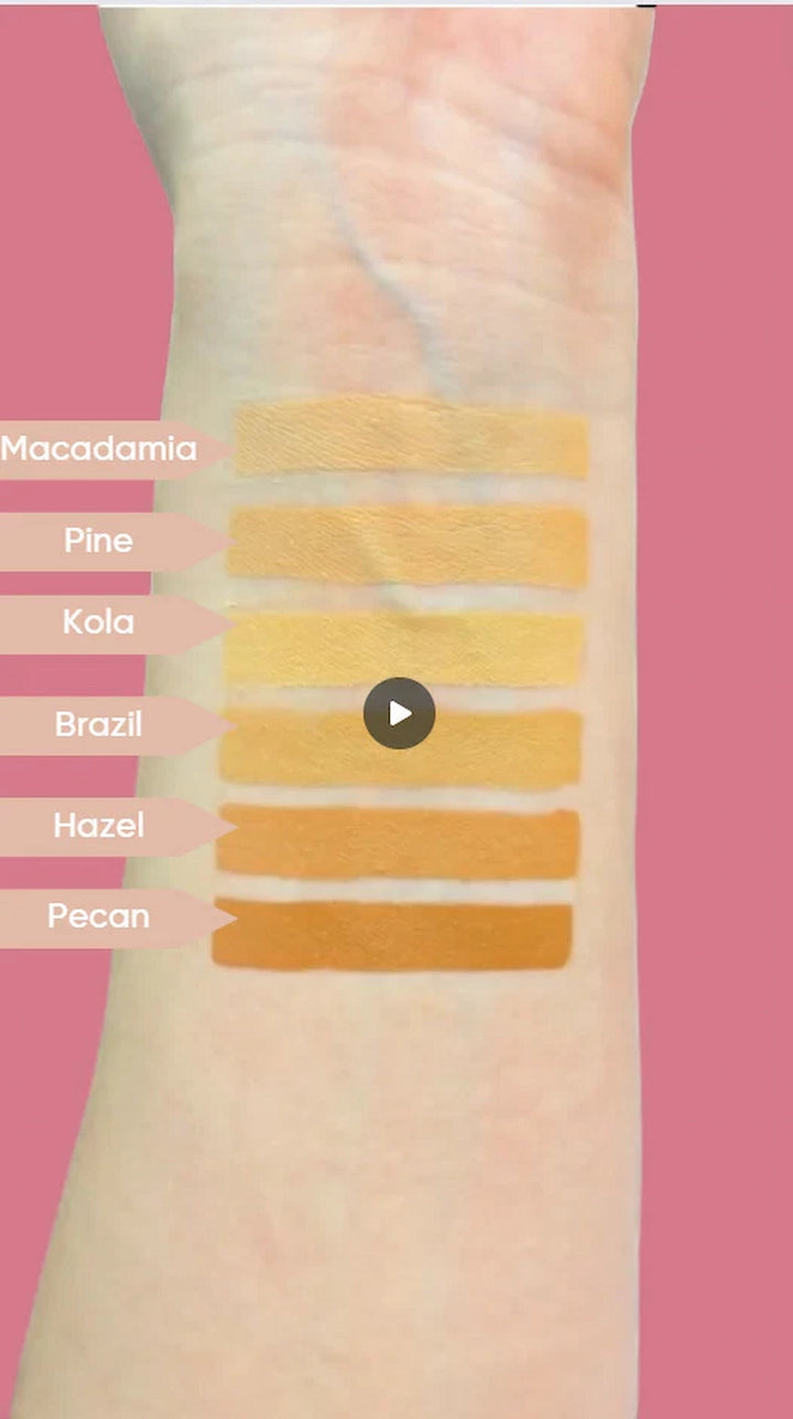 Color swatches on a person's arm with labels for different shades against a pink background