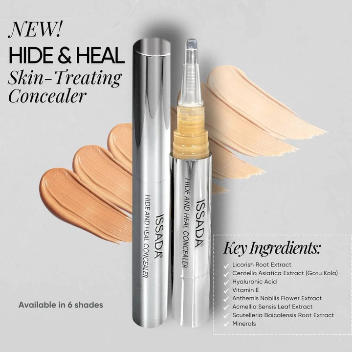 ISSADA Hide & Heal Skin-Treating Concealer with product and ingredient details on a gray background