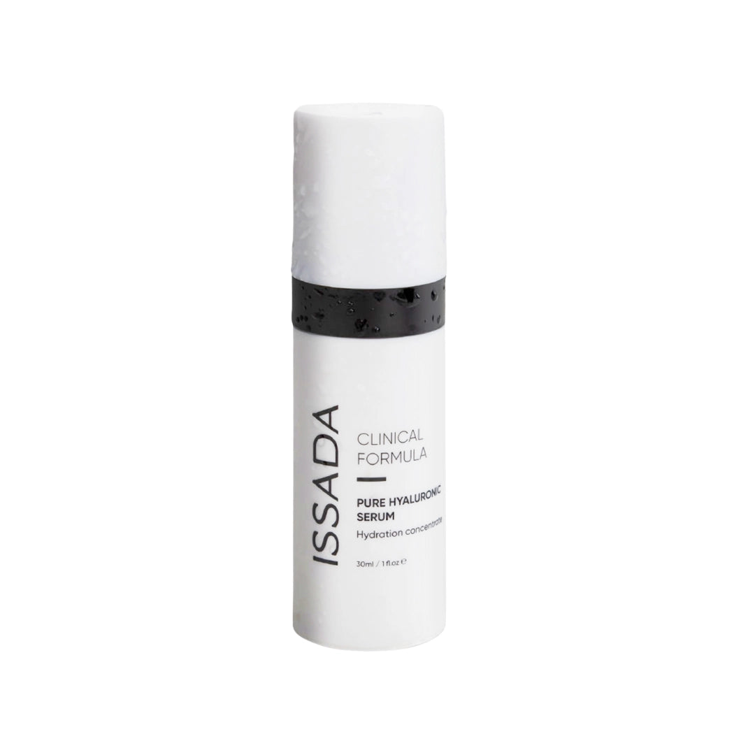 Issada Clinical Formula Pure Hyaluronic Serum bottle standing upright with sleek white packaging and black band, emphasizing deep hydration benefits.