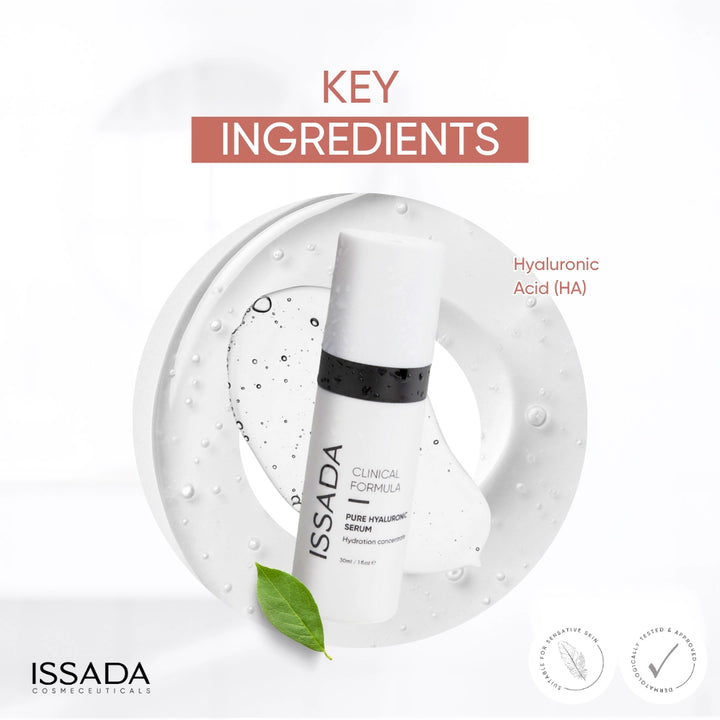 Issada Pure Hyaluronic Serum bottle displayed with clear gel and leaf visuals, highlighting Hyaluronic Acid (HA) as the key hydrating ingredient.