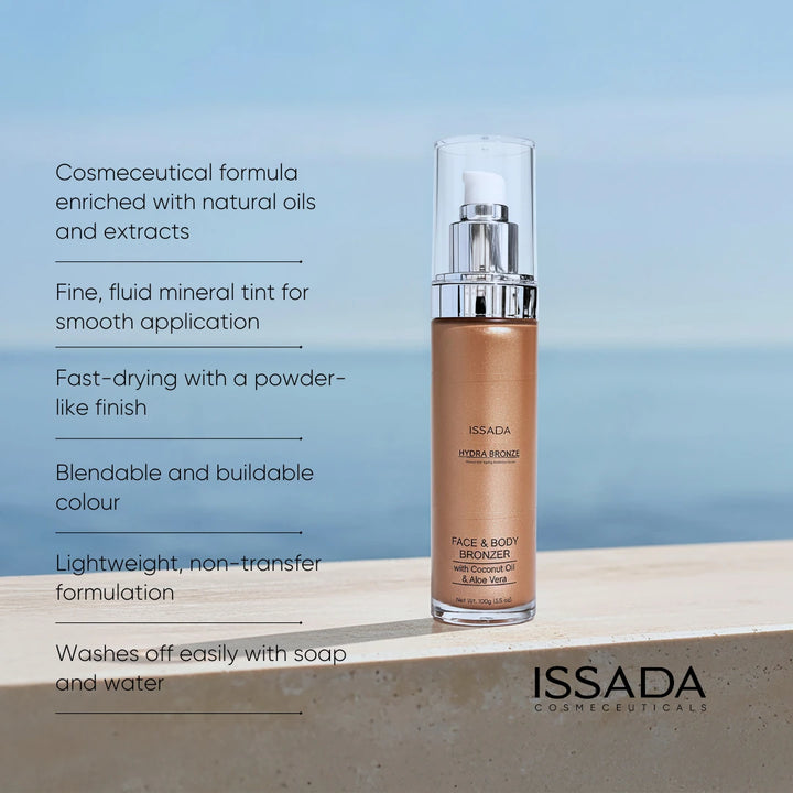 ISSADA Hydra Bronze Mineral Tint face and body bronzer with key benefits including fast drying mineral tint and blendable colour
