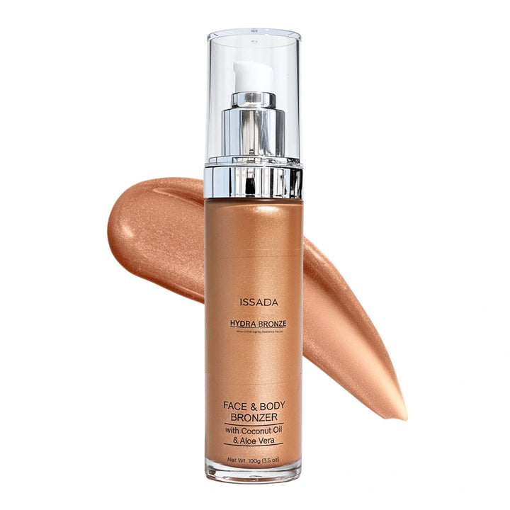 ISSADA Hydra Bronze Mineral Tint face and body bronzer bottle with golden bronze liquid swatch