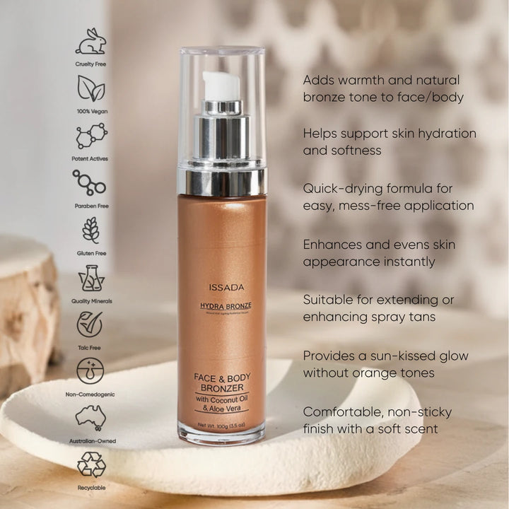 ISSADA Hydra Bronze Mineral Tint face and body bronzer highlighting vegan cruelty free paraben free and talc free formula
