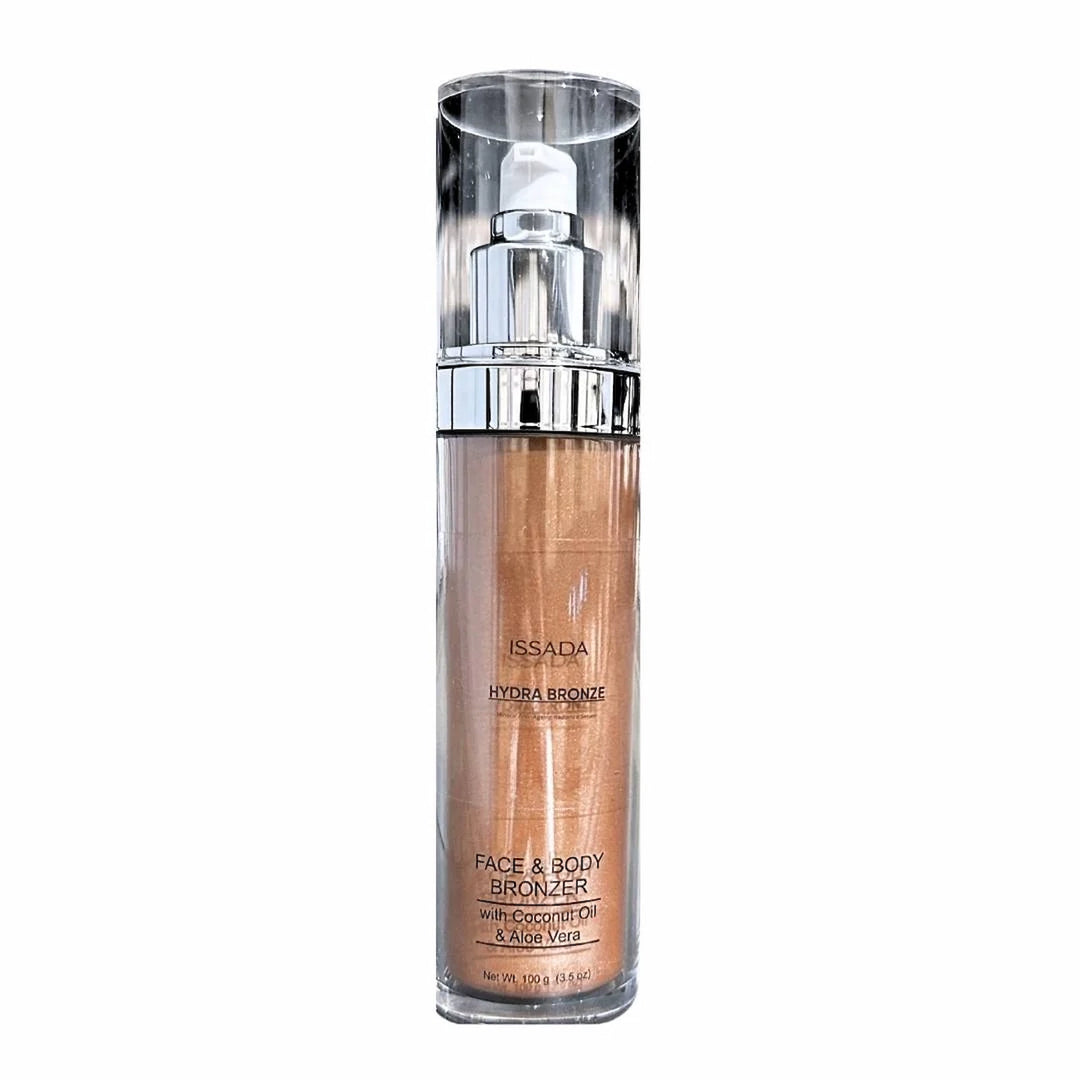 ISSADA Hydra Bronze Mineral Tint face and body bronzer with coconut oil and aloe vera on a white background
