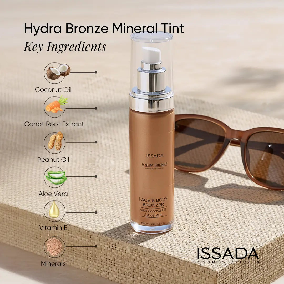 ISSADA Hydra Bronze Mineral Tint bronzer showing key ingredients including coconut oil aloe vera vitamin E and carrot extract
