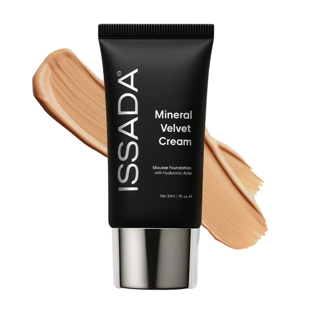 Issada Mineral Velvet Cream foundation in L.A. shade with warm golden swatch