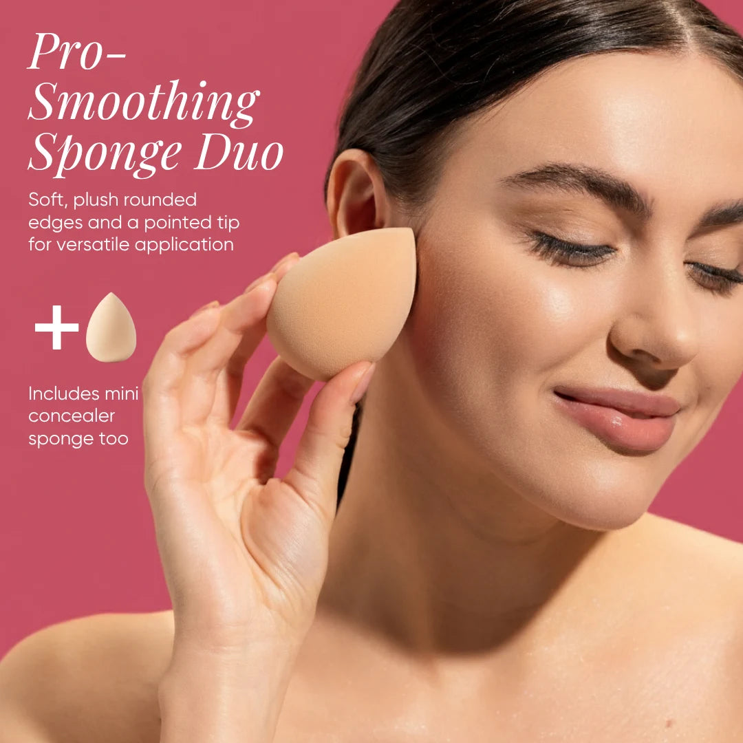 Model applying foundation with ISSADA latex-free Smoothing Sponge Duo for a flawless, professional finish