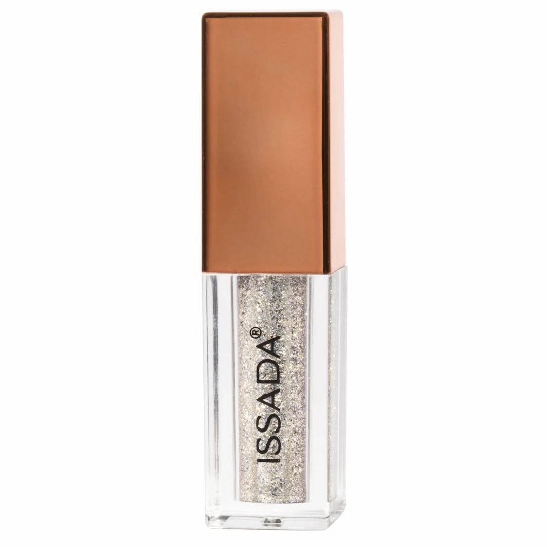 ISSADA Liquid Metal Eyeshadow in Chrome, a dazzling silver metallic on a white background