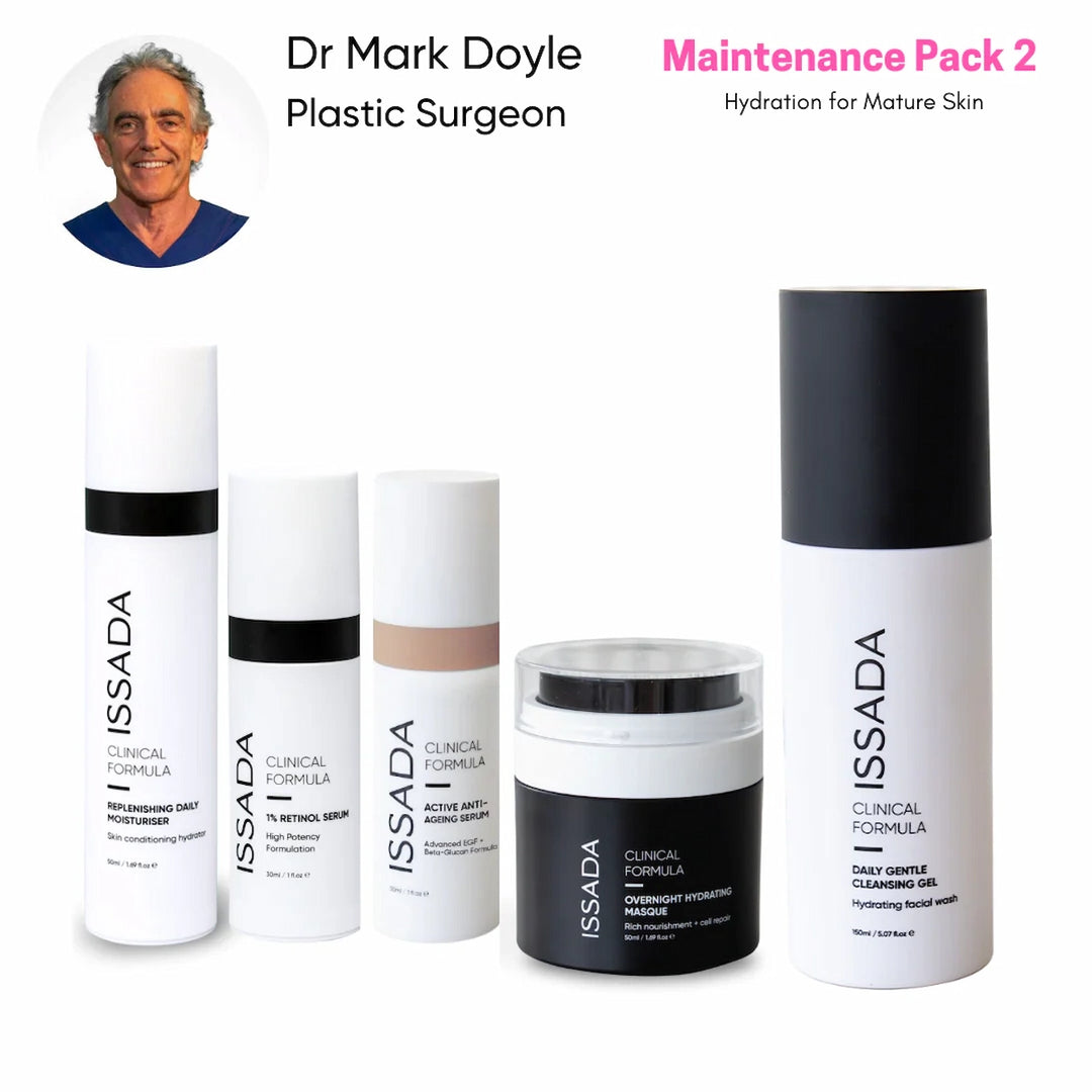 Dr Mark Doyle recommended Issada Maintenance Pack 2 featuring daily moisturiser, retinol serum, anti-ageing serum, overnight hydrating masque, and gentle cleansing gel for mature skin hydration.