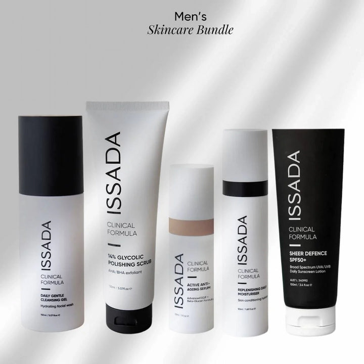 Issada Men’s Skincare Bundle – hydrating cleanser, glycolic scrub, anti-ageing serum, daily moisturiser, and SPF defence for healthy skin.