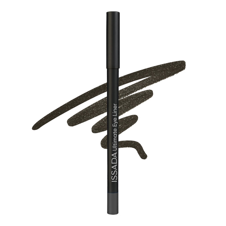 Issada Ultimate Eye Liner in Meteor, a deep charcoal eyeliner pencil with a dark, shimmering graphite swatch drawn behind it.