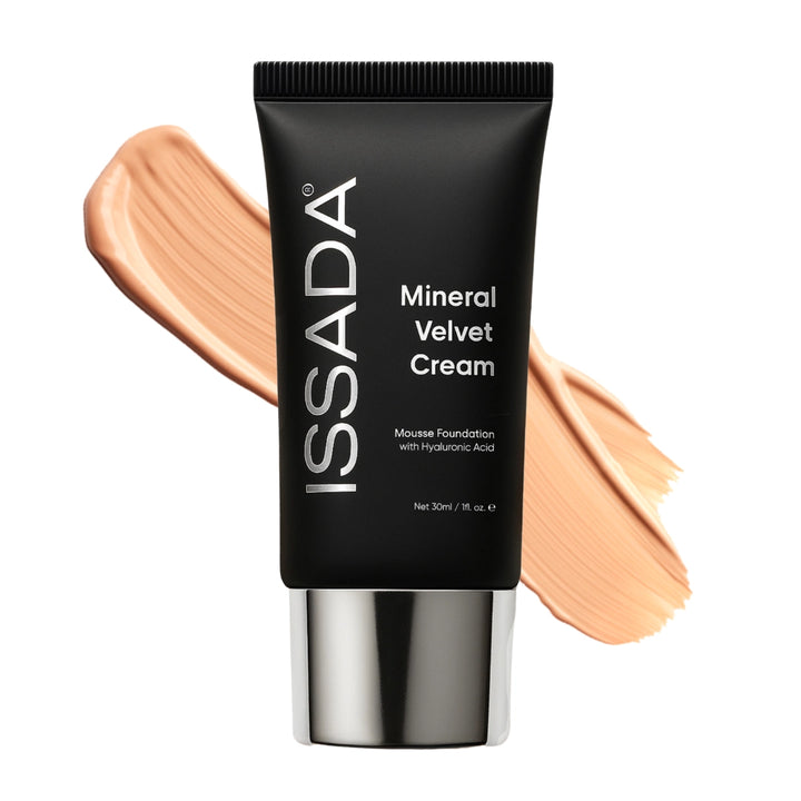 Issada Mineral Velvet Cream foundation in Milan shade with swatch showing soft neutral tone