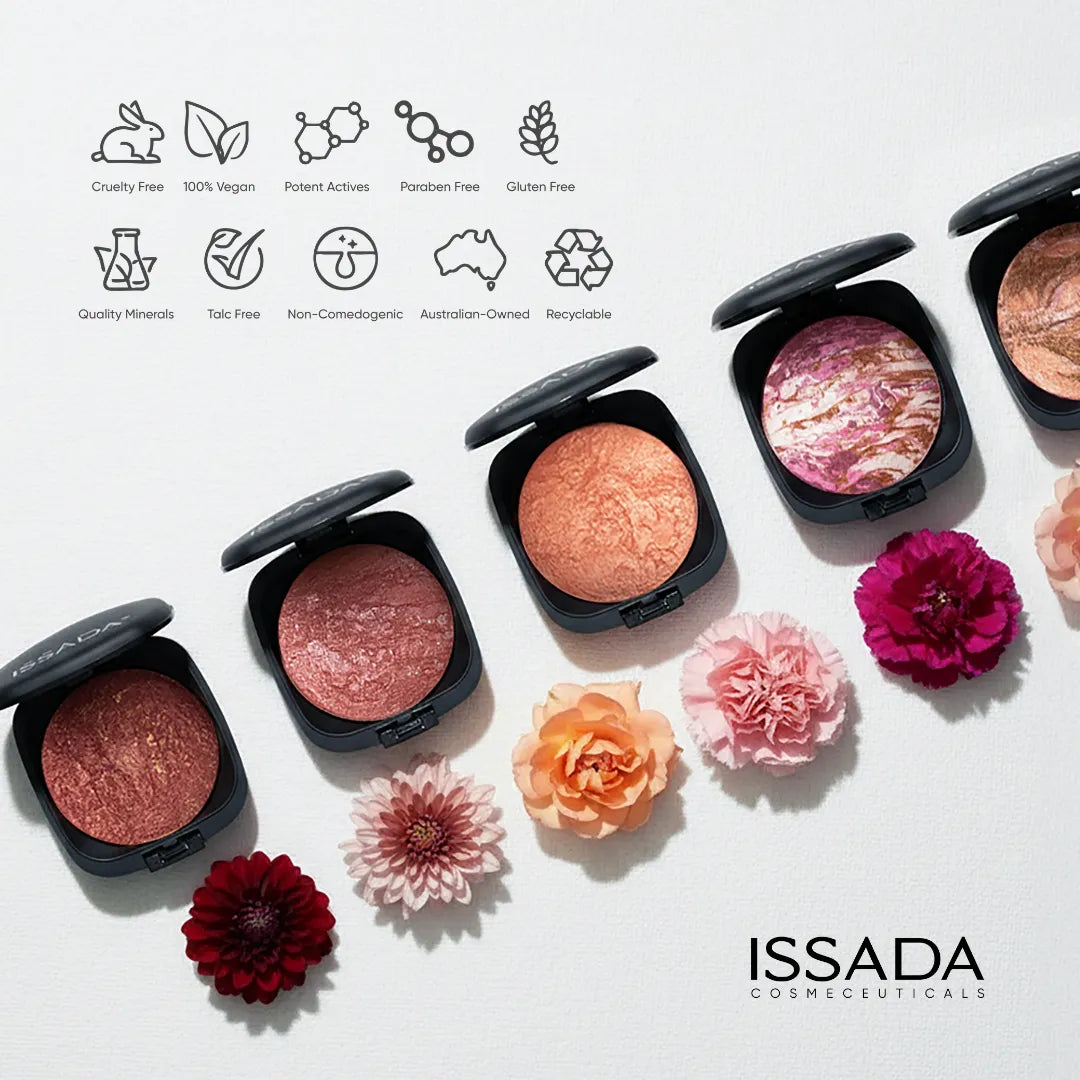 ISSADA Mineral Baked Blush collection with product certification mineral blush shades and floral accents