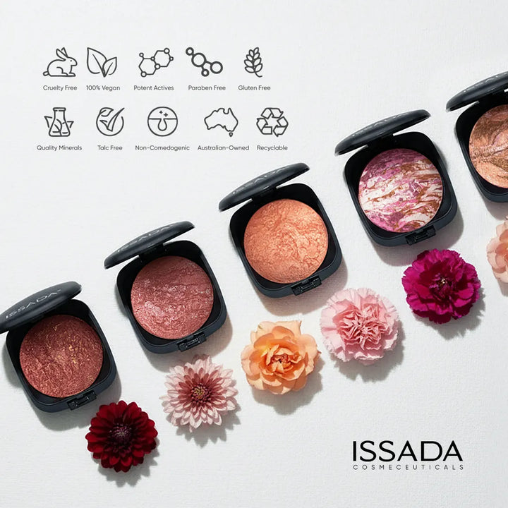 ISSADA Mineral Baked Blush collection with product certification mineral blush shades and floral accents