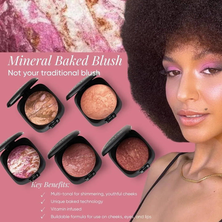 Mineral baked blush with a model wearing makeup on a pink background