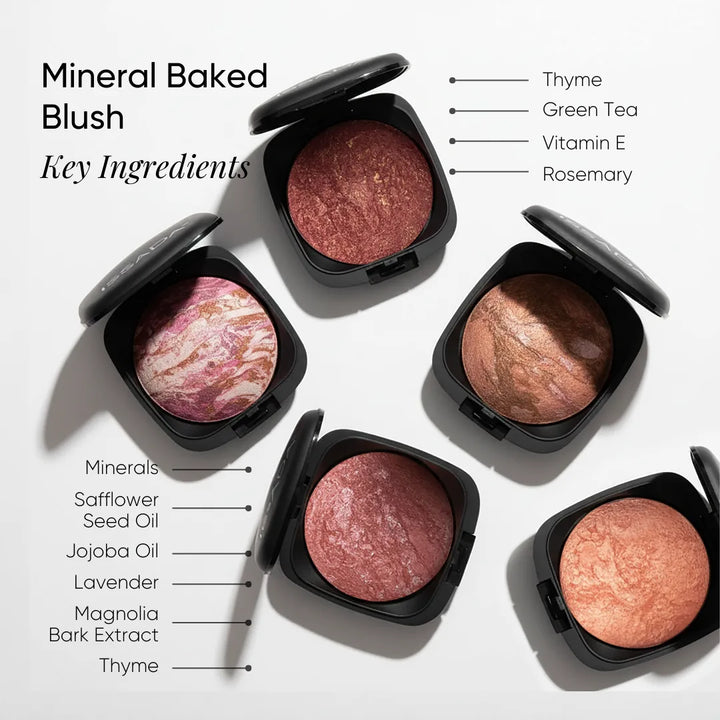ISSADA Mineral Baked Blush range highlighting natural ingredients including green tea, vitamin E, rosemary and jojoba oil
