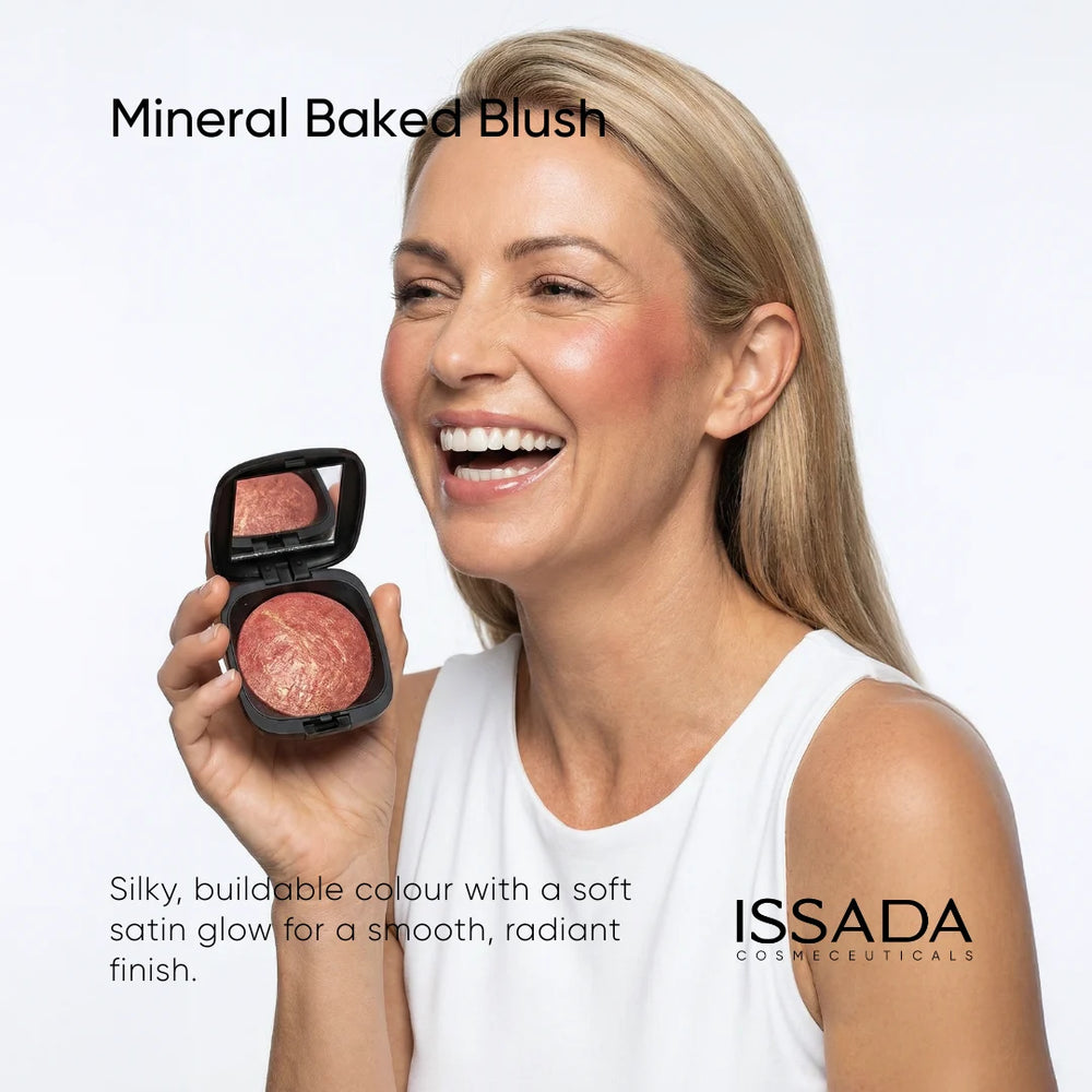 Model wearing ISSADA Mineral Baked Blush showing radiant satin glow finish on cheeks