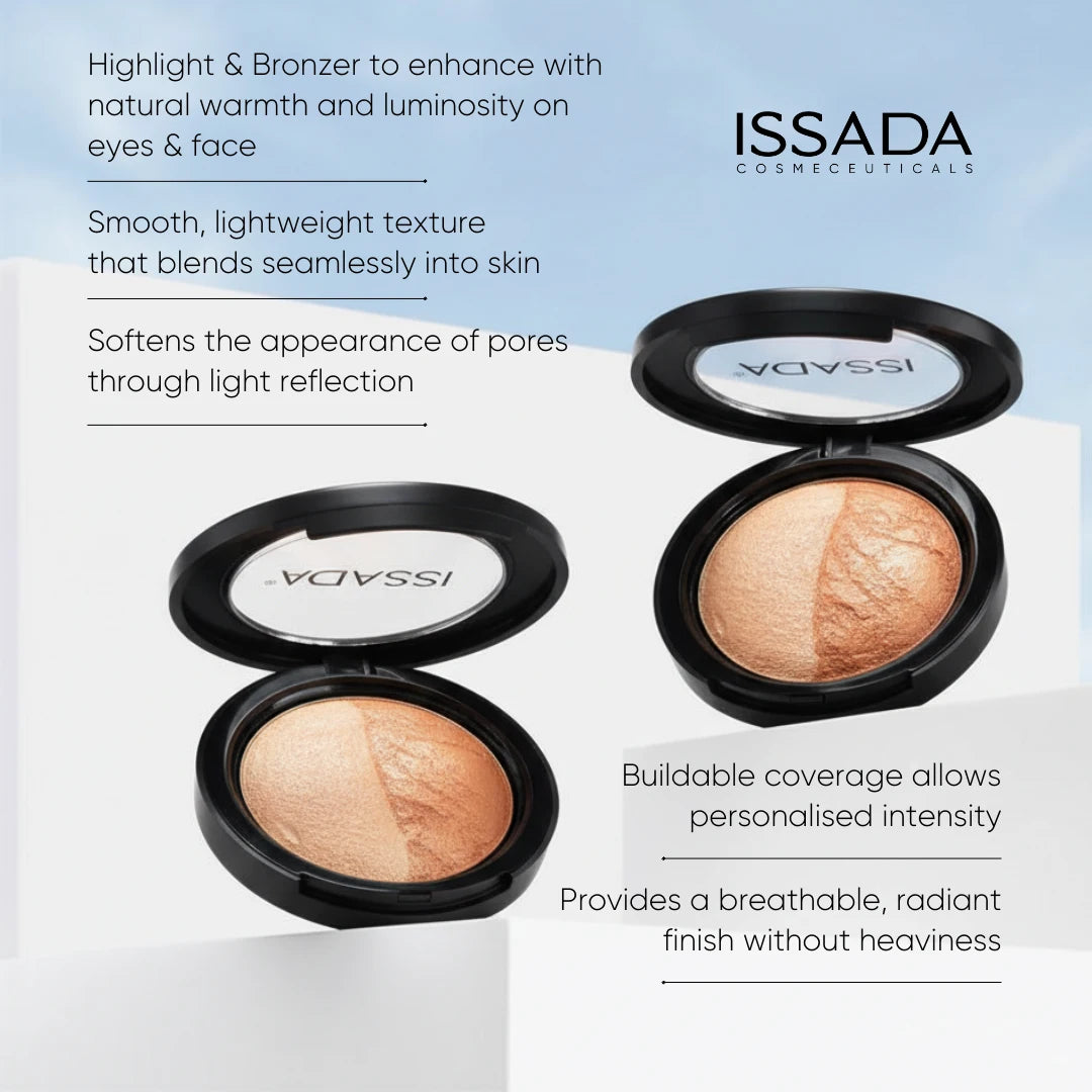 ISSADA Mineral Baked Bronzer and Highlighter Soulmates duo showing smooth lightweight buildable radiant finish