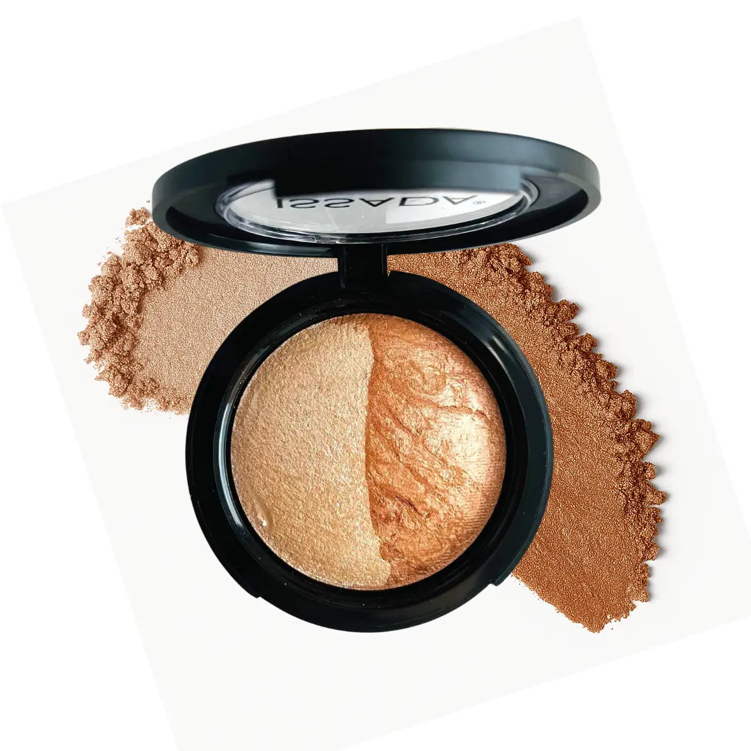 ISSADA Mineral Baked Bronzer and Highlighter Soulmates duo compact with golden highlighter and warm bronze powder swatch