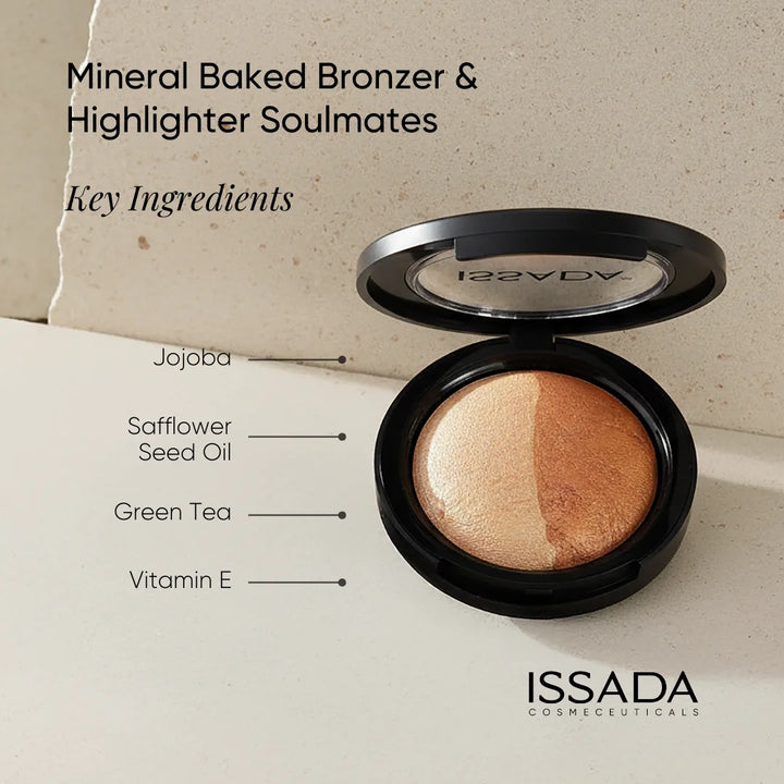 ISSADA Mineral Baked Bronzer and Highlighter Soulmates with jojoba safflower seed oil green tea and vitamin E ingredients