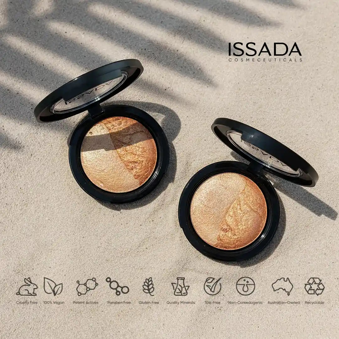ISSADA Mineral Baked Bronzer and Highlighter Soulmates duo compact with luminous bronze and champagne glow powders
