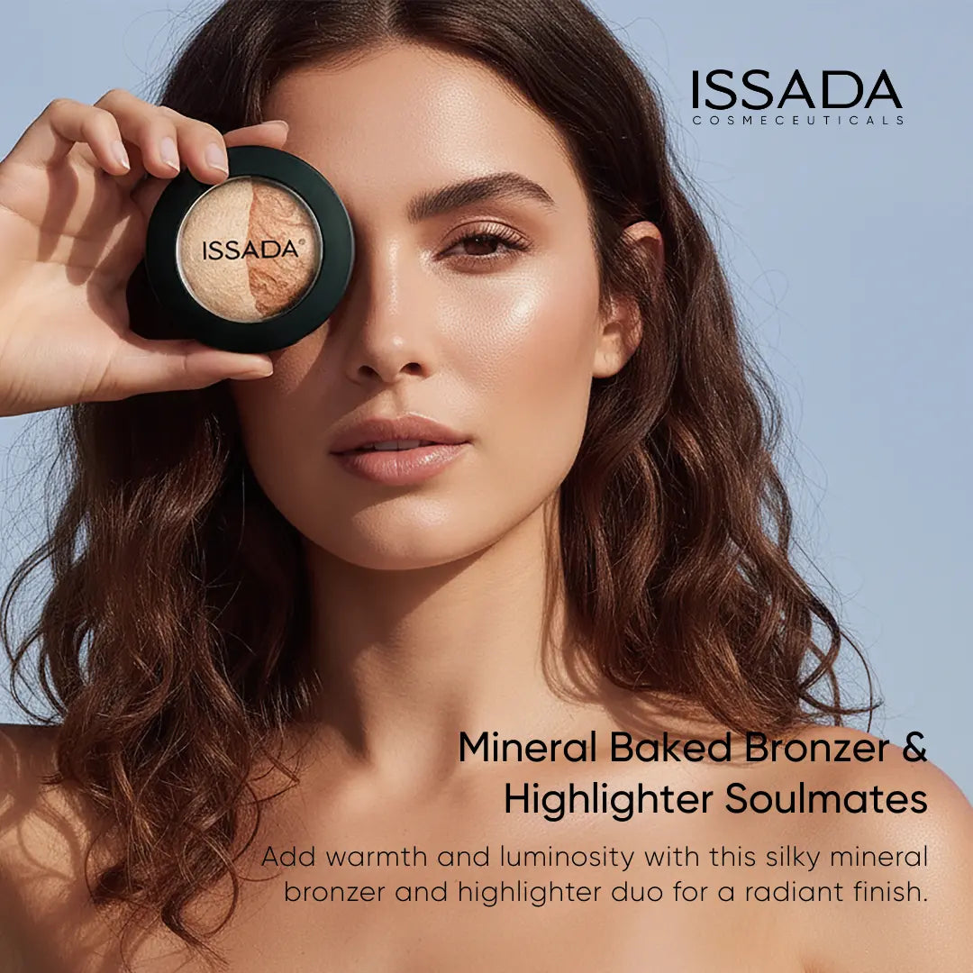 Model holding ISSADA Mineral Baked Bronzer and Highlighter Soulmates compact showing radiant bronzed glow makeup