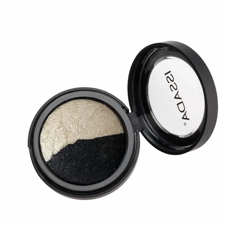 ISSADA Mineral Baked Eye Shadow Duo 2Bad in black and silver shimmer on a white background.