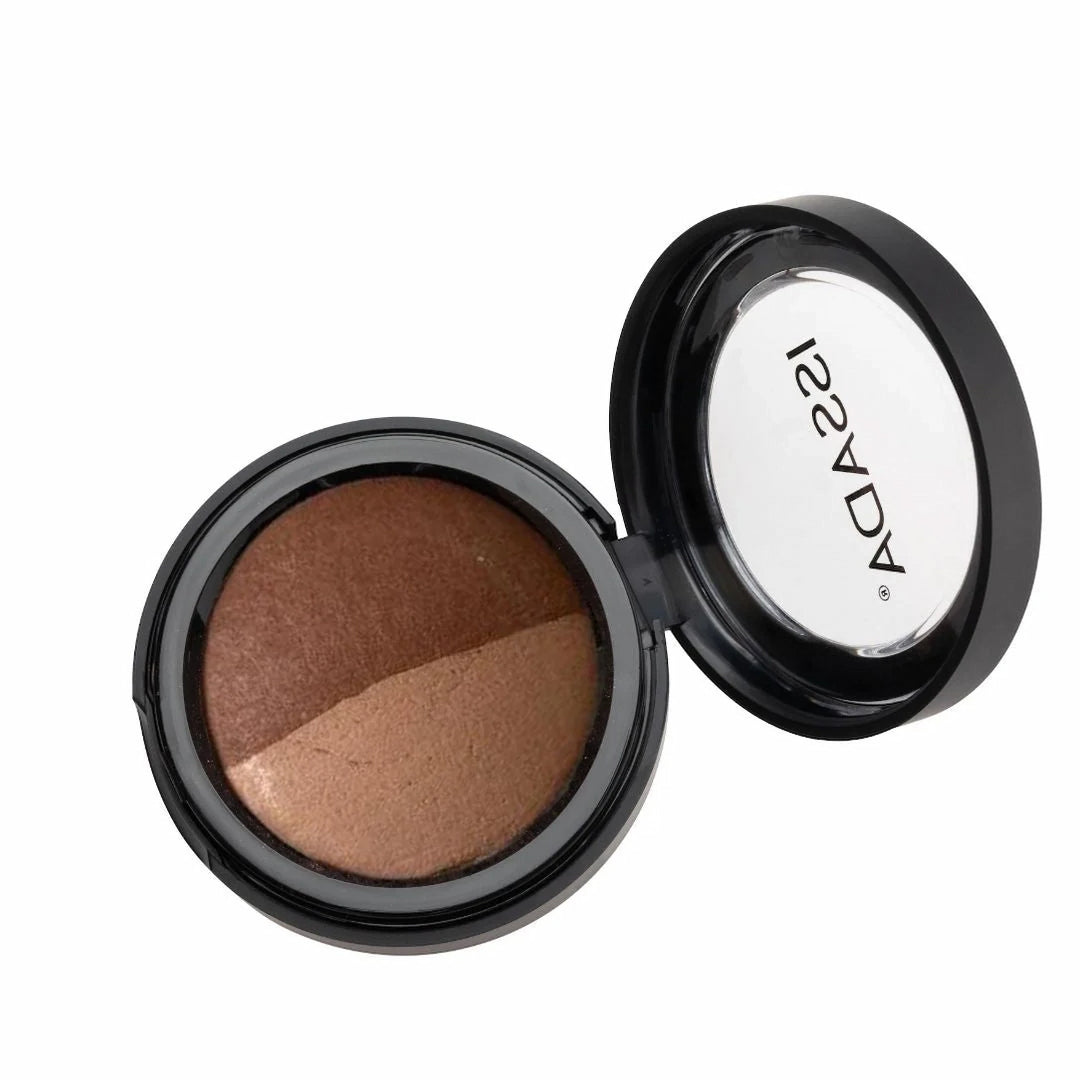 ISSADA Mineral Baked Eye Shadow Duo 2Spicey with warm brown and golden bronze shades on a white background