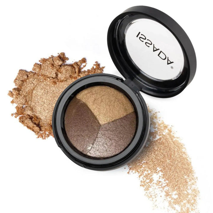 ISSADA Mineral Baked Eye Shadow Trio 3Loves with golden, taupe, and bronze shimmer shades on a white background