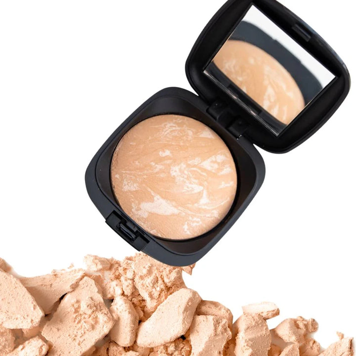 ISSADA Mineral Baked Foundation in Biscotti shade, a warm beige powder foundation with a smooth matte finish.