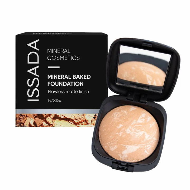 ISSADA mineral baked foundation compact with open lid showing foundation and closed box on a white background