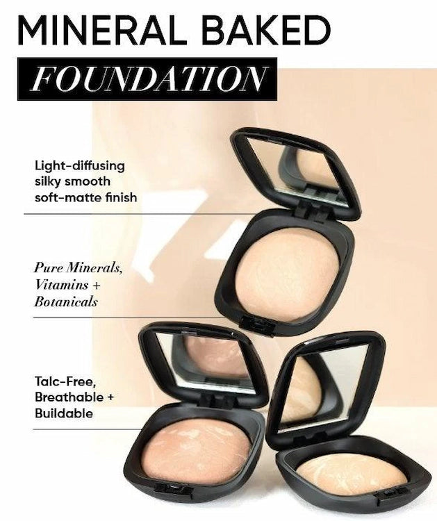 ISSADA Mineral Baked Foundation with open cases on a beige background