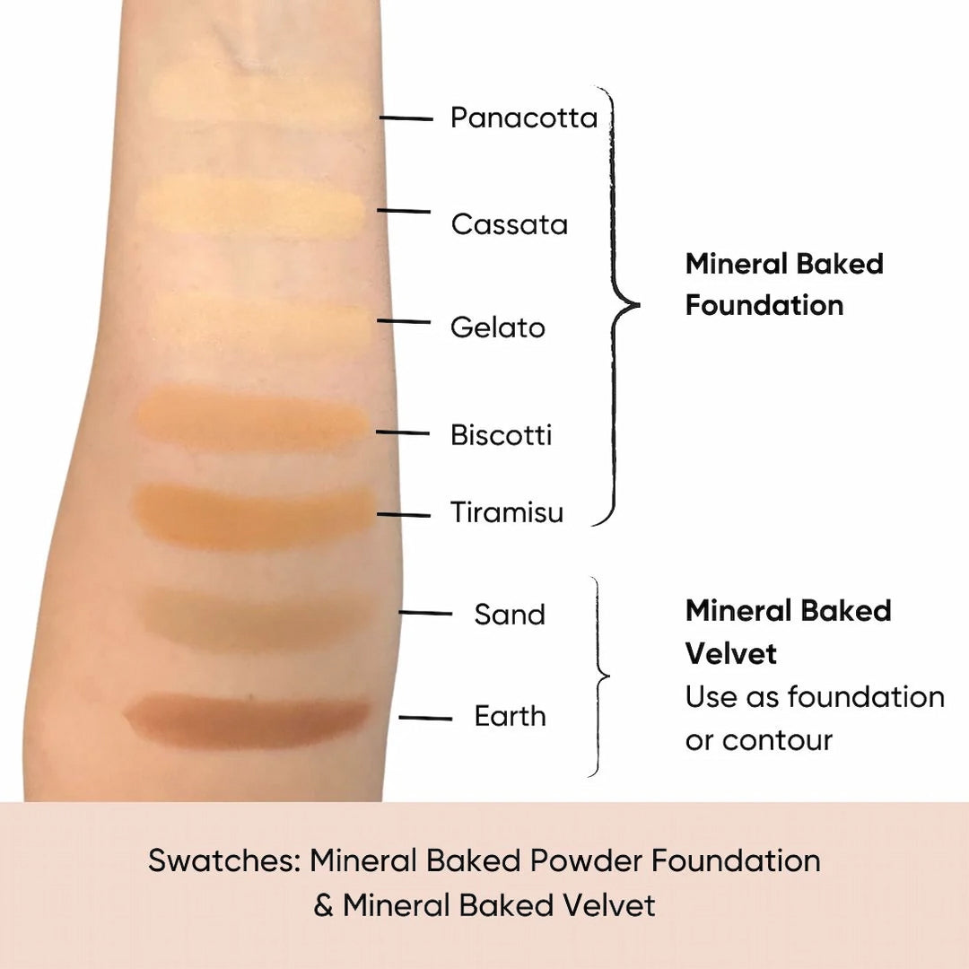Swatches of ISSADA mineral Baked Foundation and velvet on an arm with labels