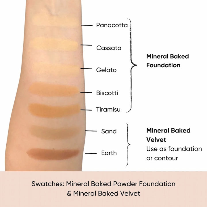 Swatches of ISSADA mineral Baked Foundation and velvet on an arm with labels