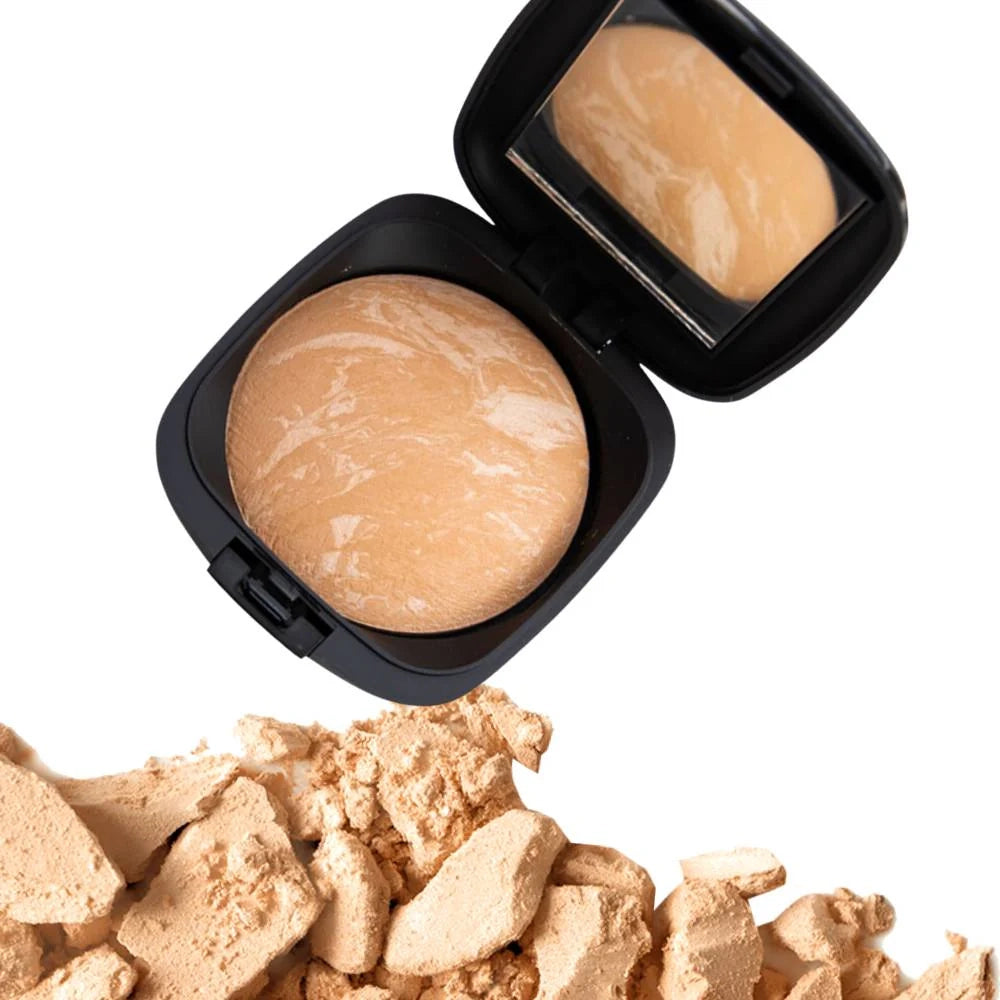 ISSADA Mineral Baked Foundation in Tiramisu shade, a golden beige powder foundation with a matte, flawless finish on a white background