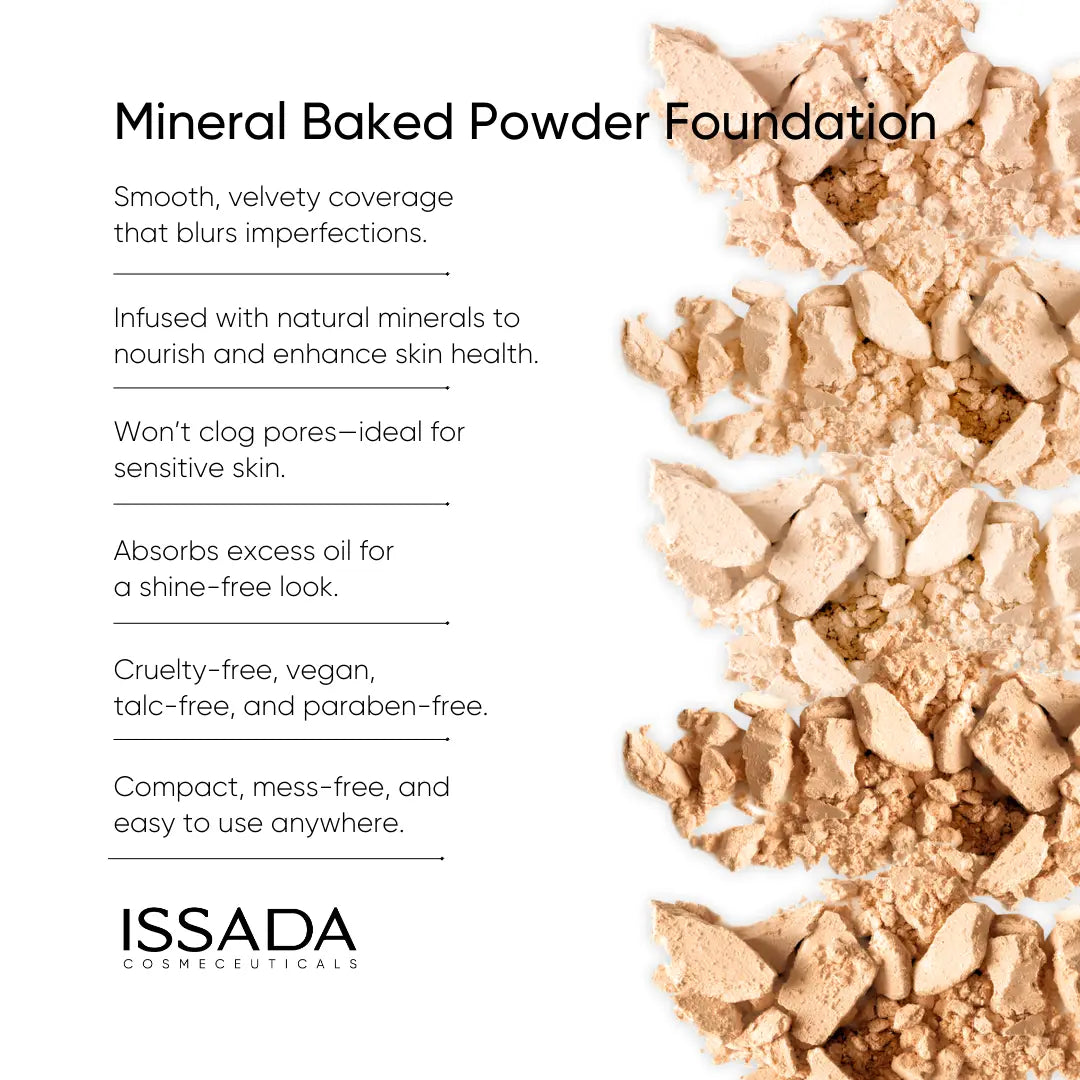 ISSADA Mineral Baked Powder Foundation benefits including smooth matte coverage oil control and non-comedogenic mineral formula