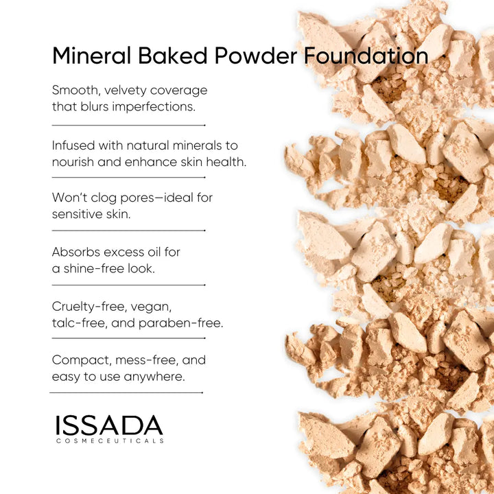 ISSADA Mineral Baked Powder Foundation benefits including smooth matte coverage oil control and non-comedogenic mineral formula
