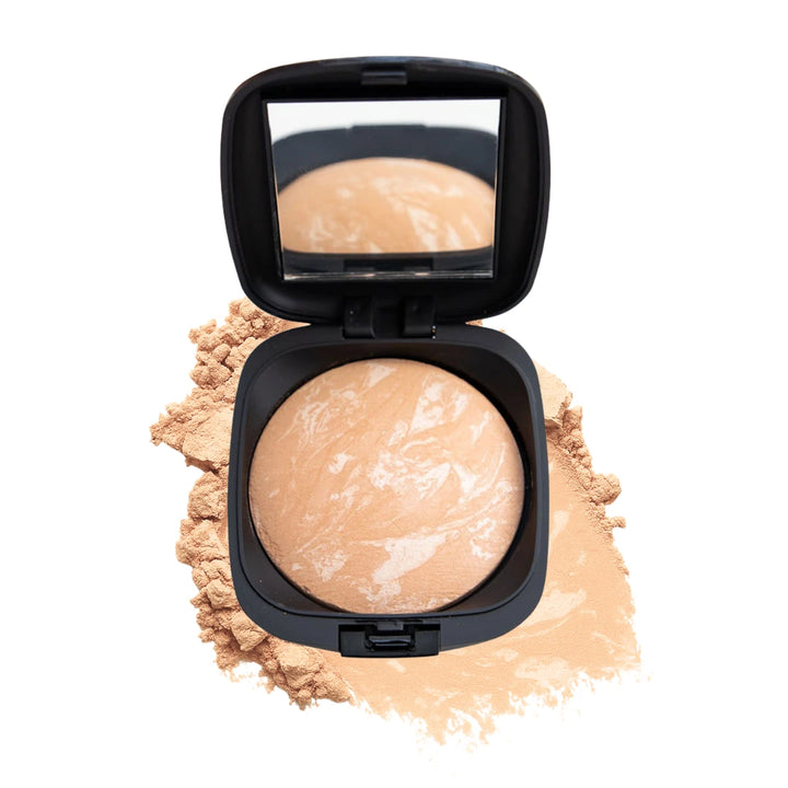 ISSADA Mineral Baked Powder Foundation in Biscotti shade with pressed marble mineral powder and loose powder swatch