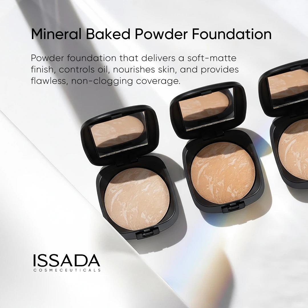 ISSADA Mineral Baked Powder Foundation compacts showing soft matte mineral foundation shades in sleek black cases