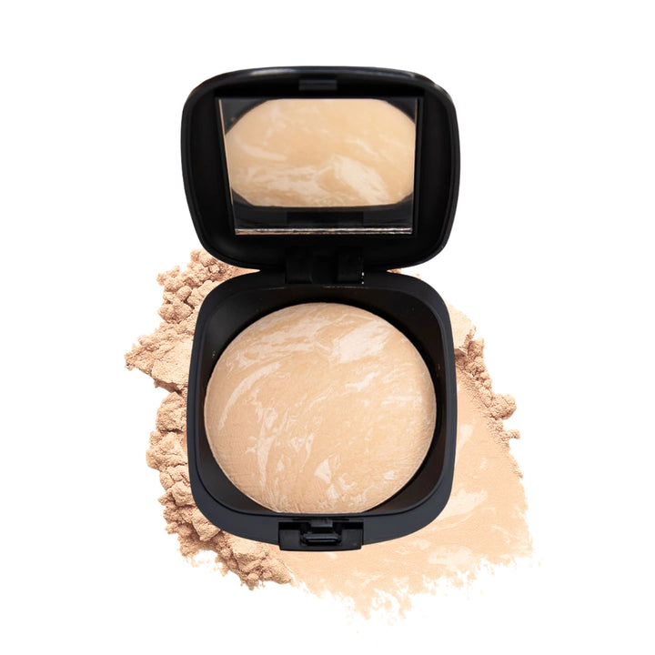 ISSADA Mineral Baked Powder Foundation Gelato shade baked mineral powder compact with loose powder swatch