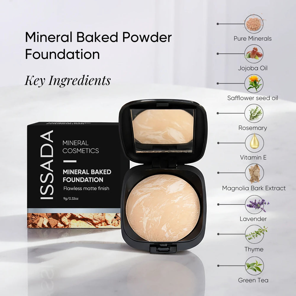 ISSADA Mineral Baked Powder Foundation with natural ingredients including jojoba oil vitamin E green tea and pure minerals